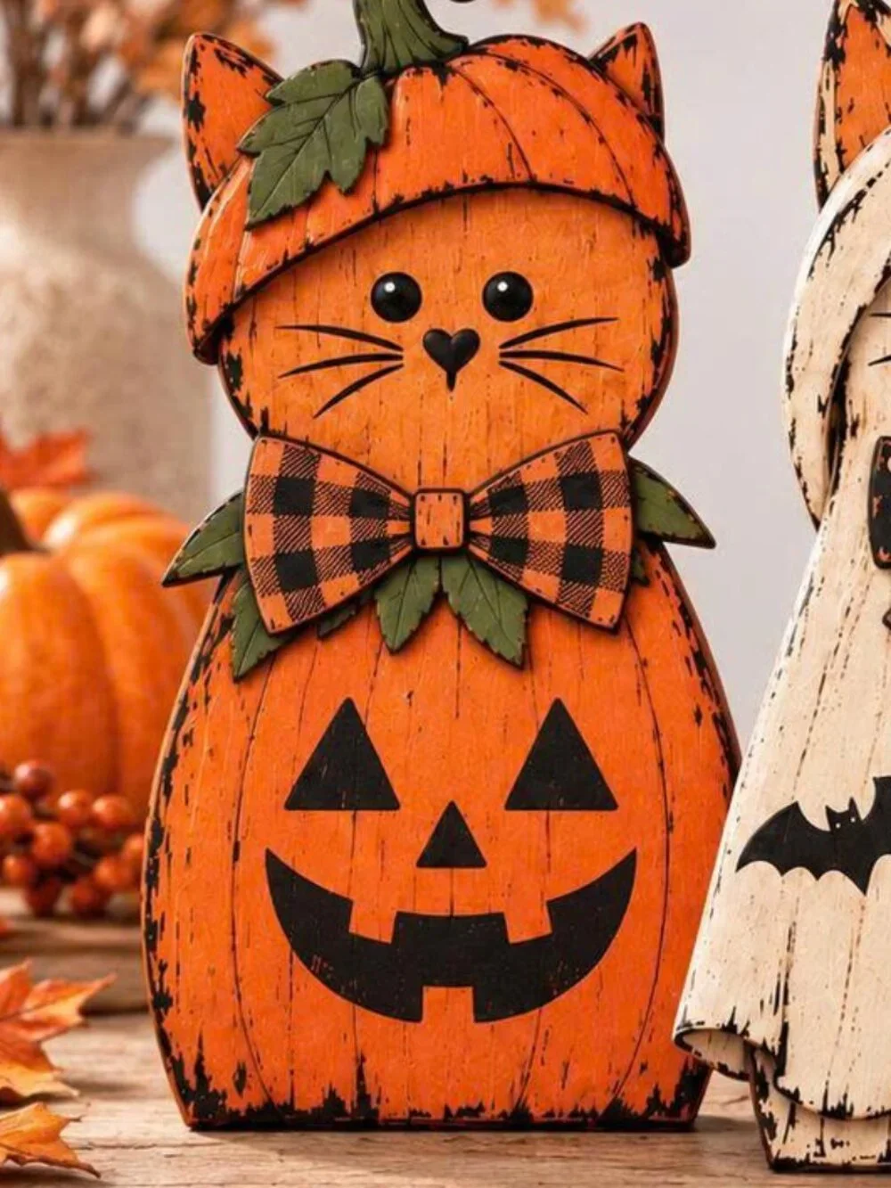 Halloween Wooden Cat Blocks, Halloween Rustic Shelf Sitter, Fall Home Season